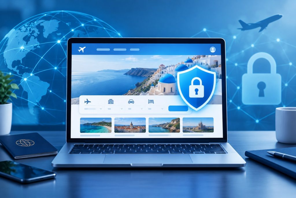 Secure travel booking website on a laptop with a digital shield icon, representing cybersecurity and fraud prevention for tourism businesses