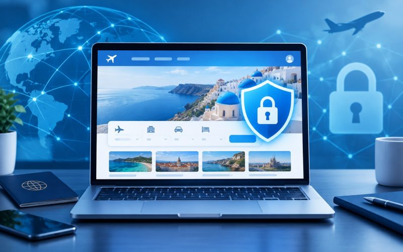Secure travel booking website on a laptop with a digital shield icon, representing cybersecurity and fraud prevention for tourism businesses