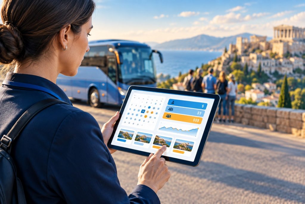 Tour operator reviewing a dynamic pricing dashboard on a tablet, representing revenue management technology for tours and attractions