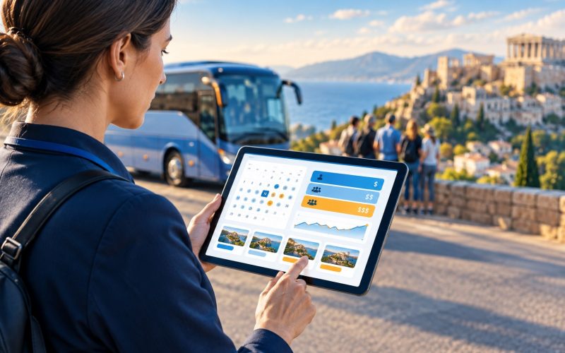 Tour operator reviewing a dynamic pricing dashboard on a tablet, representing revenue management technology for tours and attractions