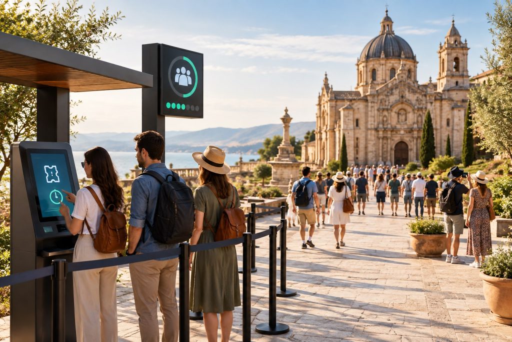 Tourists at a historic destination using a digital timed-entry ticketing system, representing visitor cap and capacity management technology