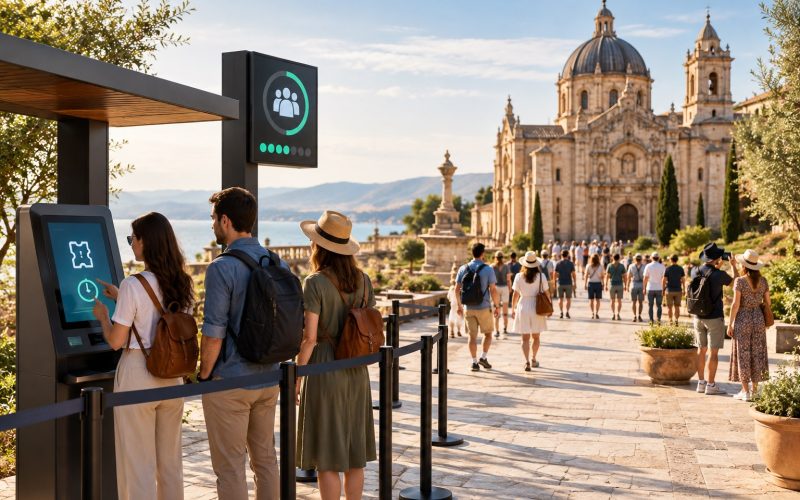 Tourists at a historic destination using a digital timed-entry ticketing system, representing visitor cap and capacity management technology